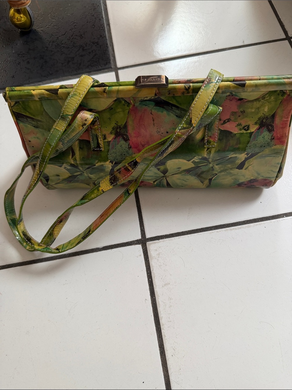 Via Spiga Green Floral Patent Shoulder Bag
